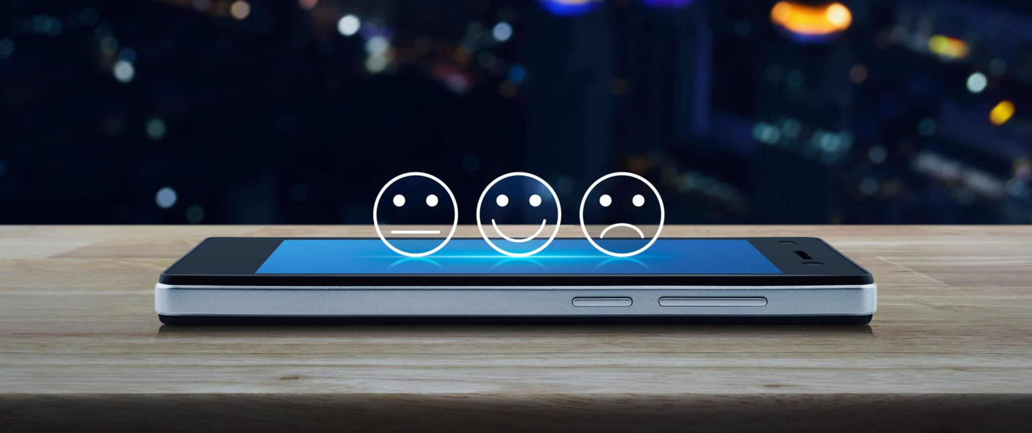 cell phone, smiling, sad and thoughtful face icons