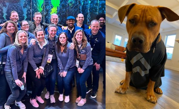 Team photo on the left and a dog wearing a LeapPoint logo t-shirt