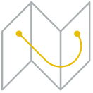 Gray folded map with a yellow line and dots in the center