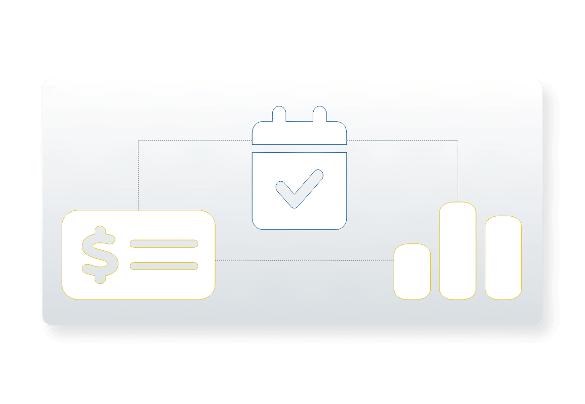 Gray graph with a dollar bill, calendar and bar graph icons