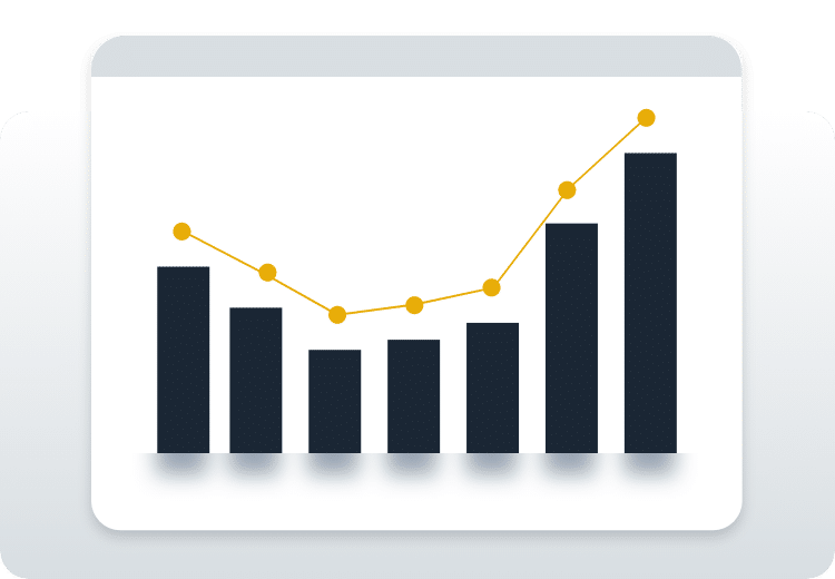 A graph with black bars and a yellow line with data points